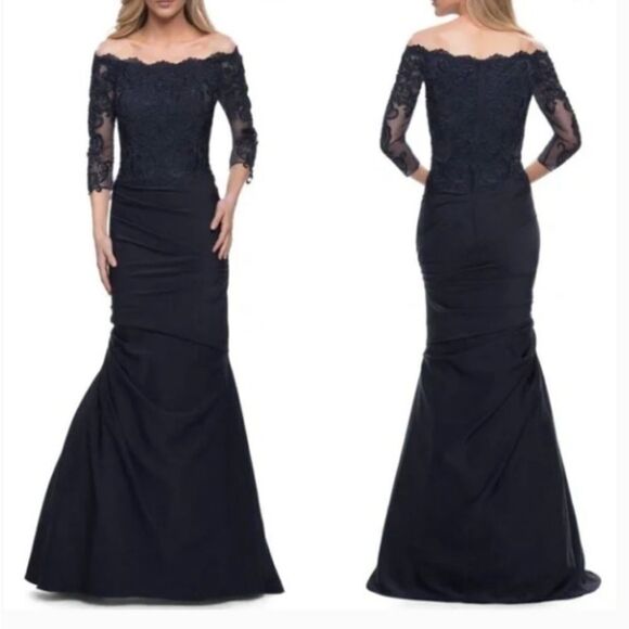 La Femme 29324 Off Shoulder Trumpet Evening Dress Navy size 16 NWT $618 - Picture 1 of 7